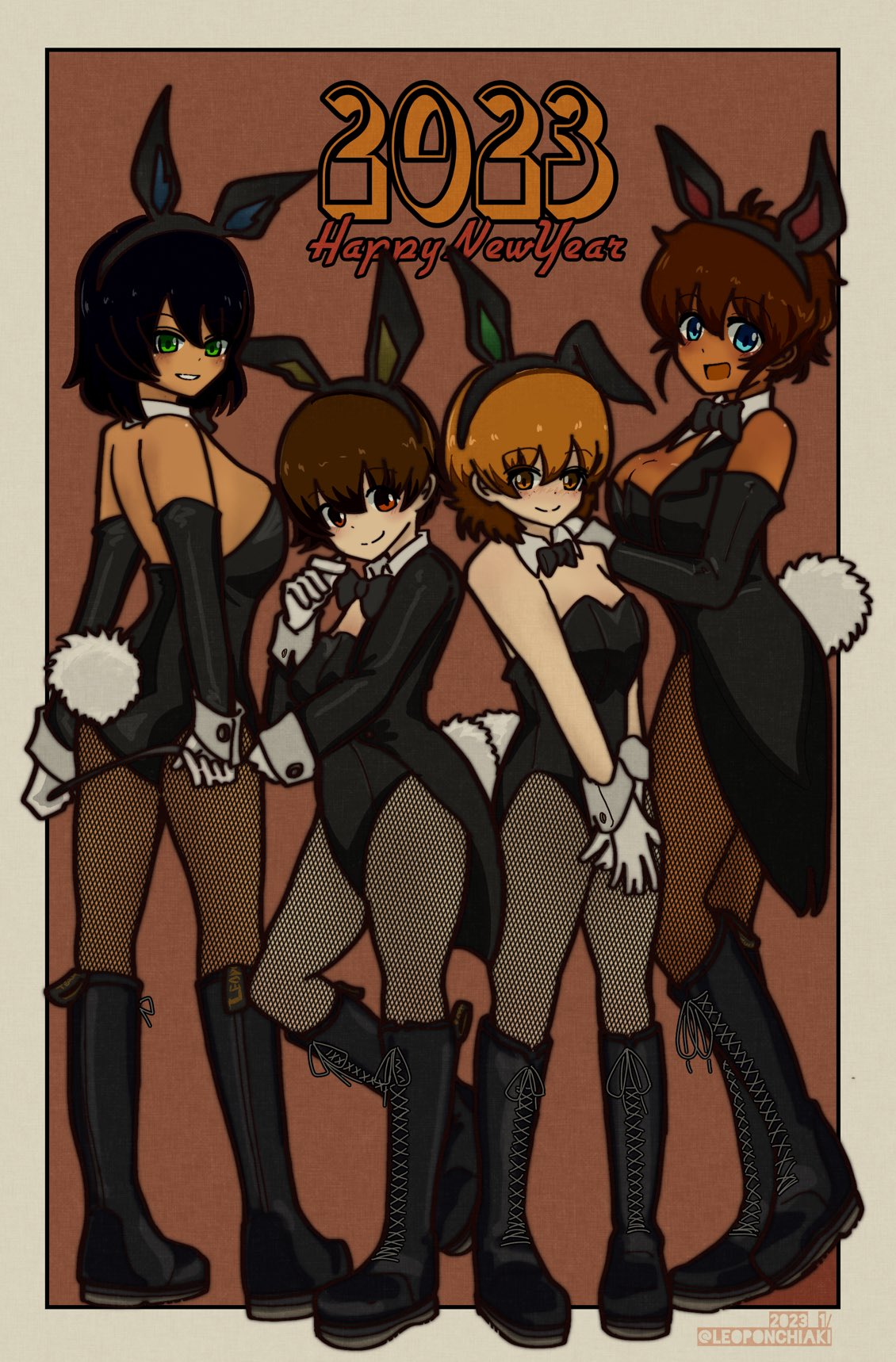 2023 4girls animal_ears background_text bangs black_bow black_bowtie black_coat black_footwear black_hair black_leotard black_pantyhose black_sleeves blue_eyes bob_cut boots bow bowtie brown_eyes brown_hair chinese_zodiac coat coattails collar commentary cross-laced_footwear dark-skinned_female dark_skin dated detached_sleeves english_text fake_animal_ears fake_tail fishnet_pantyhose fishnets freckles girls_und_panzer gloves green_eyes happy_new_year highres holding hoshino_(girls_und_panzer) knee_boots lace-up_boots leoponchiaki leotard long_sleeves looking_at_viewer looking_back multiple_girls nakajima_(girls_und_panzer) new_year open_mouth outside_border pantyhose playboy_bunny rabbit_ears rabbit_tail riding_crop short_hair smile standing standing_on_one_leg strapless strapless_leotard suzuki_(girls_und_panzer) tail tsuchiya_(girls_und_panzer) twitter_username v_arms white_collar white_gloves wing_collar year_of_the_rabbit