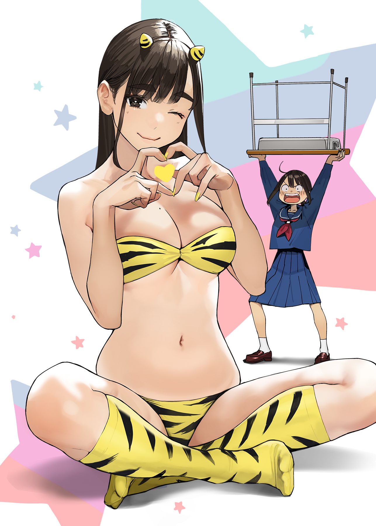 2girls ;3 animal_print arms_up bikini blue_sailor_collar blue_skirt boots breasts brown_eyes brown_footwear brown_hair check_commentary cleavage closed_mouth commentary_request cosplay douki-chan_(douki-chan) feet fingernails full_body ganbare_douki-chan heart heart-shaped_pupils heart_hands highres holding holding_table horns indian_style kouhai-chan_(douki-chan) large_breasts legs loafers long_hair long_sleeves looking_at_viewer lum lum_(cosplay) mole mole_on_breast multiple_girls nail_polish navel neckerchief no_shoes one_eye_closed open_mouth partial_commentary pleated_skirt print_bikini print_footwear red_neckerchief sailor_collar school_uniform serafuku shoes short_hair sitting skirt socks star_(symbol) swimsuit symbol-shaped_pupils tiger_print toes uesaka_sumire urusei_yatsura voice_actor_connection white_socks yellow_bikini yellow_horns yellow_nails yellow_socks yomu_(sgt_epper)