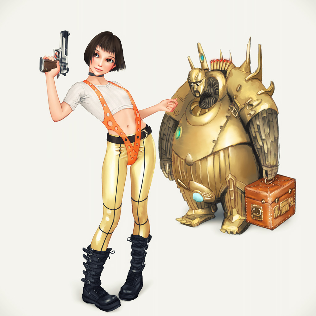1boy 1girl aiming_up armor bangs belt belt_boots belt_buckle black_belt black_choker black_footwear black_hair bob_cut boots breasts brown_eyes buckle choker combat_boots commentary cosplay crop_top curled_fingers desert_eagle fat full_body fumichika_mori gold_armor gun handgun head_tilt highleg highleg_swimsuit holding holding_gun holding_suitcase holding_weapon knee_boots leaning_back leeloo_(the_fifth_element) leeloo_(the_fifth_element)_(cosplay) leon_(leon_the_professional) leon_the_professional light_smile looking_ahead looking_away looking_to_the_side mathilda_lando midriff mondoshawan_(the_fifth_element) mondoshawan_(the_fifth_element)_(cosplay) navel one-piece_swimsuit orange_one-piece_swimsuit pants pigeon-toed shirt short_hair short_sleeves simple_background slingshot_swimsuit small_breasts standing suitcase swimsuit swimsuit_over_clothes the_fifth_element thigh_gap weapon white_background white_shirt yellow_pants