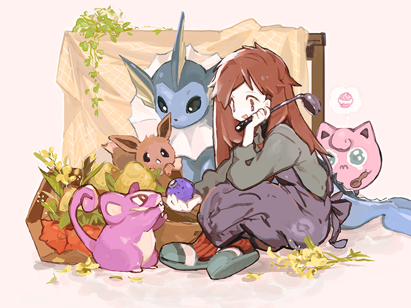 1girl :d alternate_costume bangs brown_eyes brown_hair commentary eevee feeding food fruit green_sweater hand_up holding holding_food holding_fruit holding_ladle jigglypuff ladle leaf leaf_(pokemon) lillin long_hair looking_down open_mouth plant pokemon pokemon_(creature) pokemon_(game) pokemon_frlg rattata ribbed_socks sitting slippers smile sweater vaporeon