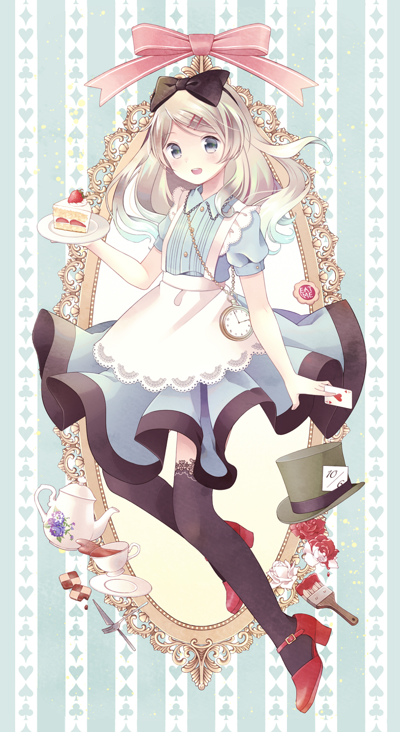 1girl ace_of_hearts alice_(alice_in_wonderland) alice_in_wonderland black_bow black_socks blue_dress blush bow cake card cookie cup dessert dress edamame_888 empty_picture_frame flower food fork fruit grey_eyes hair_bow hair_ornament hairclip hat heart high_heels highres holding holding_card holding_plate knife long_hair open_mouth paint_splatter paintbrush picture_frame pink_ribbon plate playing_card red_footwear ribbon rose socks solo strawberry strawberry_shortcake tea teacup teapot top_hat trim_brush utensil white_flower white_rose