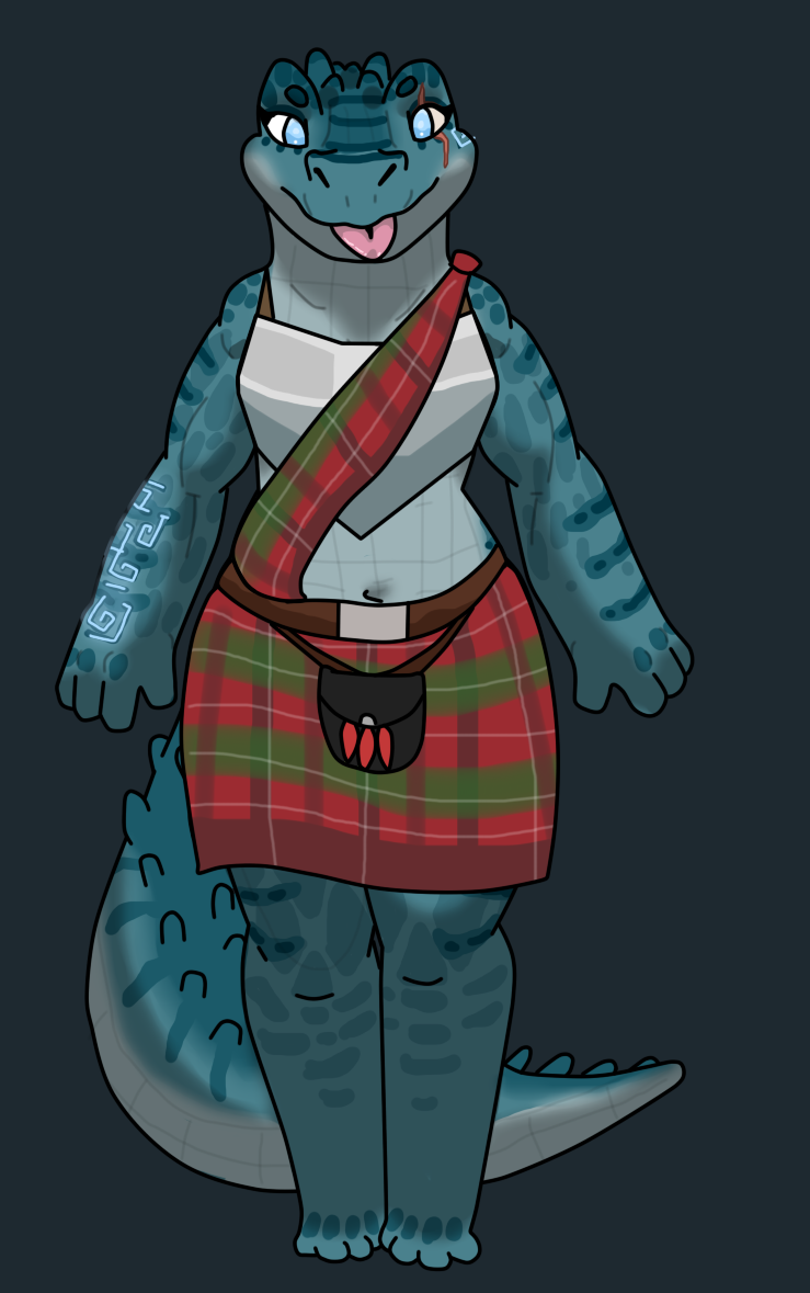 anthro black_clothing blep blue_body blue_scales blue_tail bottomwear brown_clothing clothing crocodile crocodilian crocodylid eye_scar facial_scar female green_body green_clothing green_scales green_tail markings multicolored_body multicolored_scales multicolored_tail navel red_clothing reptile scales scalie scar solo spiked_tail spikes spikes_(anatomy) squablodecomplash tail tail_markings tongue tongue_out