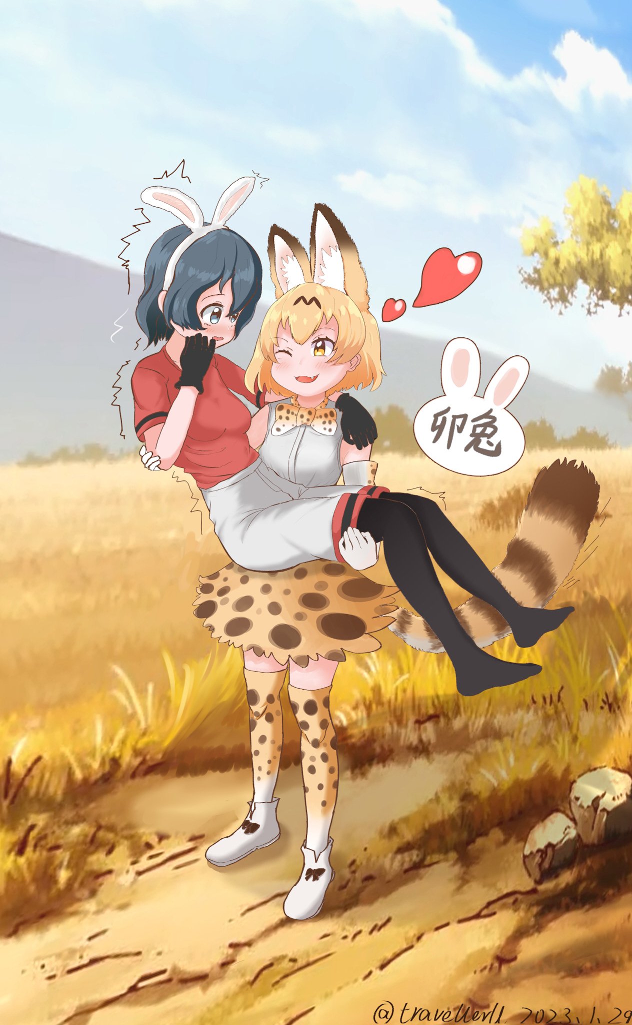 2girls animal_ears bare_shoulders black_gloves black_hair black_pantyhose blonde_hair blue_eyes boots bow bowtie carrying cat_ears cat_girl cat_tail commentary_request elbow_gloves extra_ears fake_animal_ears fang gloves heart high-waist_skirt highres kaban_(kemono_friends) kemono_friends looking_at_another multiple_girls no_shoes one_eye_closed open_mouth pantyhose princess_carry print_bow print_bowtie print_gloves print_skirt print_thighhighs rabbit_ears red_shirt serval_(kemono_friends) serval_print shirt short_hair skirt sleeveless t-shirt tail travellerll white_footwear white_shirt yellow_eyes yuri zettai_ryouiki