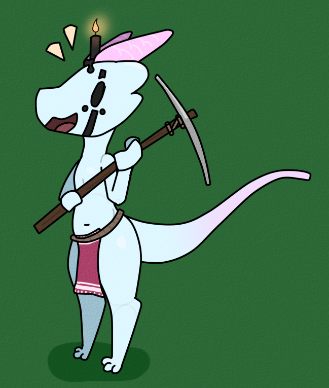 anthro blue_body blue_scales blue_tail bottomwear brown_clothing candle clothing facial_markings happy head_markings holding_object holding_pickaxe horn horn_markings kobold markings open_mouth paws red_clothing scales scalie smile squablodecomplash tail tongue white_clothing
