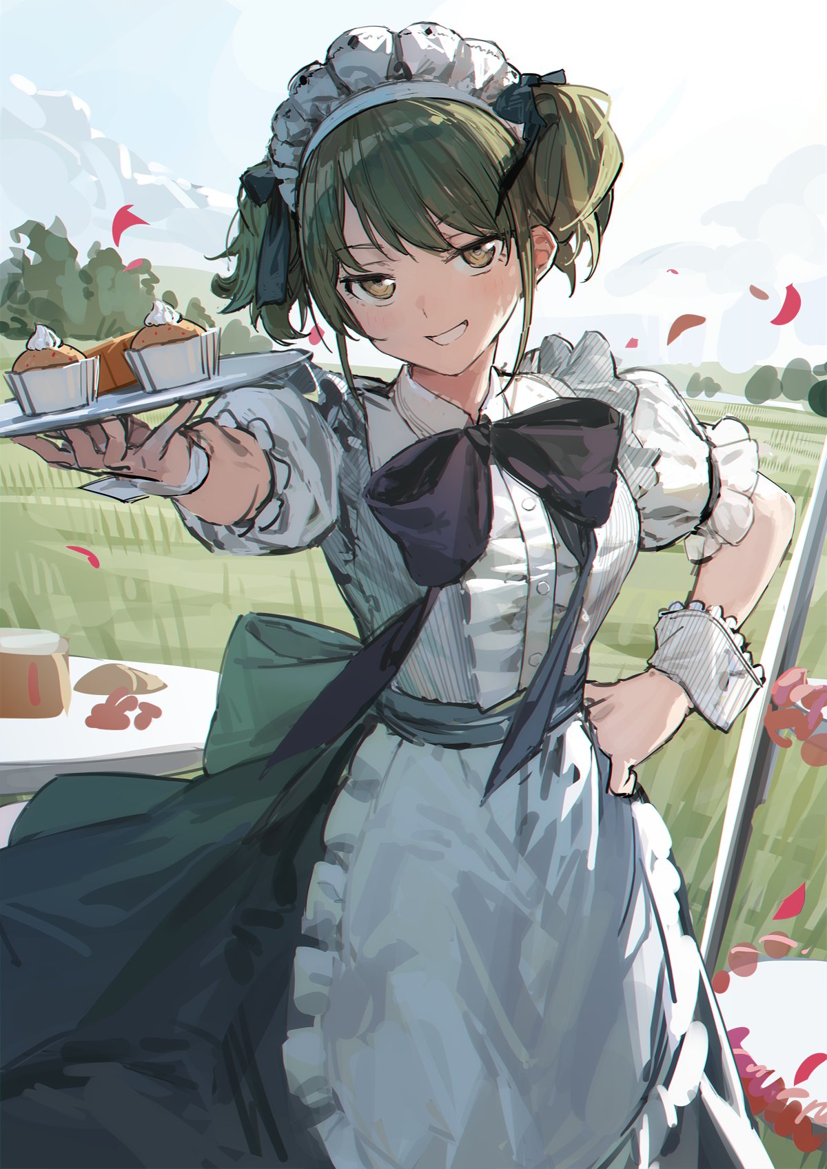 1girl apron back_bow bangs black_bow black_bowtie blue_sky bow bowtie breasts buttons cloud cupcake food frilled_shirt frills green_bow green_eyes green_hair green_skirt grin hand_on_hip hand_up highres holding holding_tray idolmaster idolmaster_shiny_colors looking_at_viewer maid_headdress medium_breasts nanakusa_nichika outdoors petals puffy_short_sleeves puffy_sleeves shirt short_hair short_sleeves short_twintails sidelocks skirt sky smile smug solo table tray twintails v-shaped_eyebrows waist_apron white_apron white_shirt wrist_cuffs zhili_xingzou