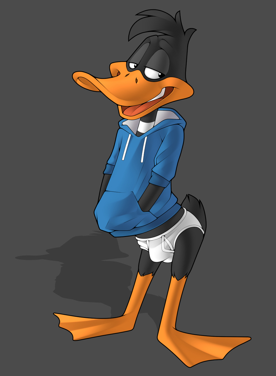 anatid anseriform anthro avian bird briefs bulge clothing daffy_duck detailed_bulge duck fernley hand_in_pocket hi_res hoodie looney_tunes male midriff pockets solo topwear underwear warner_brothers