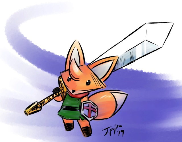 ambiguous_gender big_ears canid canine clothed clothing fox j-fujita mammal melee_weapon ruin_seeker shield solo sword tunic tunic_(video_game) weapon