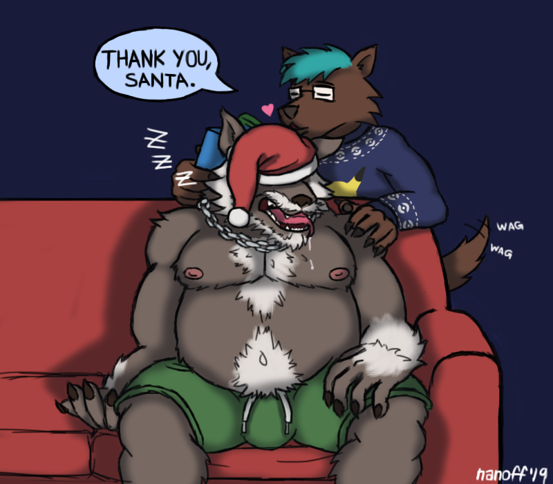 &lt;3 2019 anthro areola beard biped black_nose blue_hair bodily_fluids body_hair boomer_(nanoff) brown_body brown_fur bulge canid canine canis chest_hair christmas christmas_clothing christmas_headwear christmas_sweater christmas_topwear clothed clothing dialogue drooling duo english_text eyes_closed eyewear facial_hair father father_and_child father_and_son fully_clothed fur furniture generation_1_pokemon glasses grey_body grey_fur hair hairy hat head_kiss headgear headwear holidays jewelry male mammal mustache nanoff necklace nintendo nipples open_mouth parent parent_and_child pikachu pink_nipples pink_tongue pokemon pokemon_(species) saliva santa_hat sleeping sofa son speech_bubble stomach_hair sweater tail tail_motion tailwag text tongue topless topwear white_body white_fur wolf zoomer_(nanoff)