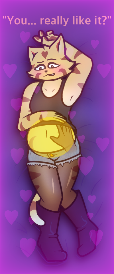 anthro bedding bedding_background belly belly_rub big_belly bladder_bulge blush bodily_fluids boots border bottomwear clothed clothing countershading cutoffs denim denim_clothing dialogue disembodied_hand ellipsis english_text eyebrows felid female footwear fur genital_fluids hand_behind_head hand_on_stomach heart_(marking) hearts_around_body internal knock-kneed legwear louasis lucy_(louasis) mammal navel nervous_smile omorashi pantherine pantyhose pink_border raised_clothing raised_eyebrow raised_shirt raised_tank_top raised_topwear shirt shorts solo solo_focus striped_body striped_fur stripes tank_top text tiger topwear urine white_body white_countershading
