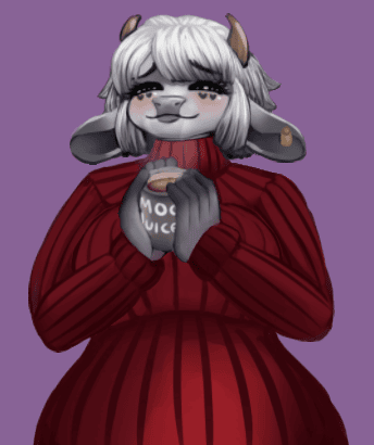 &lt;3 animated anthro beverage bovid bovine cattle clothing container cup ear_piercing ear_tag eyes_closed female floating_hearts floppy_ears heart_(marking) horn low_res mammal miravine mug piercing red_clothing short_playtime simple_background solo sweater topwear vrisoka