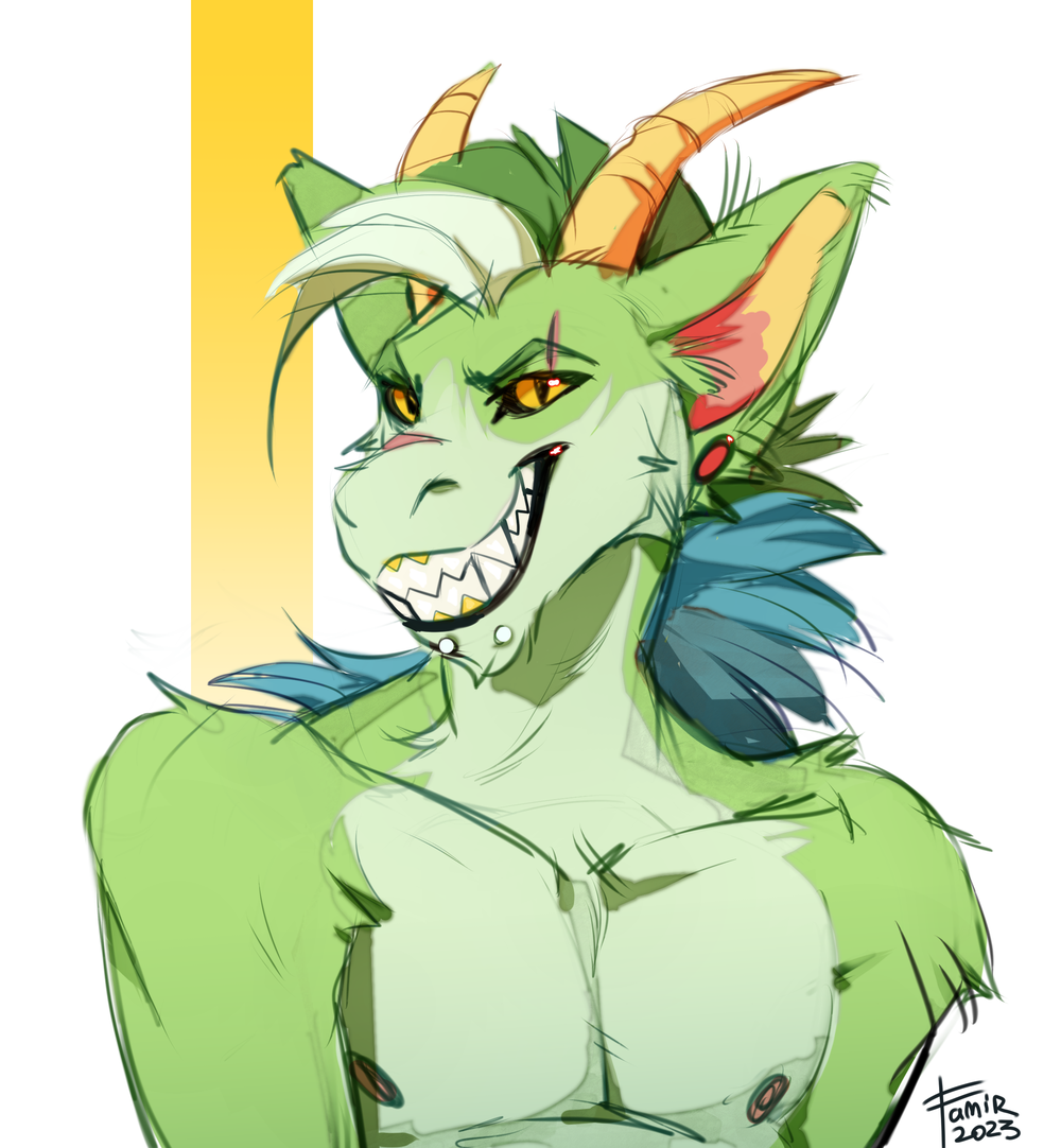 2023 anthro areola black_sclera blue_hair bust_portrait chin_piercing dated dragon ear_piercing famir_(artist) famir_(character) front_view fur furred_dragon gauged_ear glistening glistening_eyes green_body green_fur green_hair grin hair looking_at_viewer male multicolored_hair nipples nude piercing portrait pupils red_areola red_inner_ear red_nipples sharp_teeth signature simple_background slit_pupils smile solo stud_piercing teeth white_hair yellow_eyes yellow_inner_ear