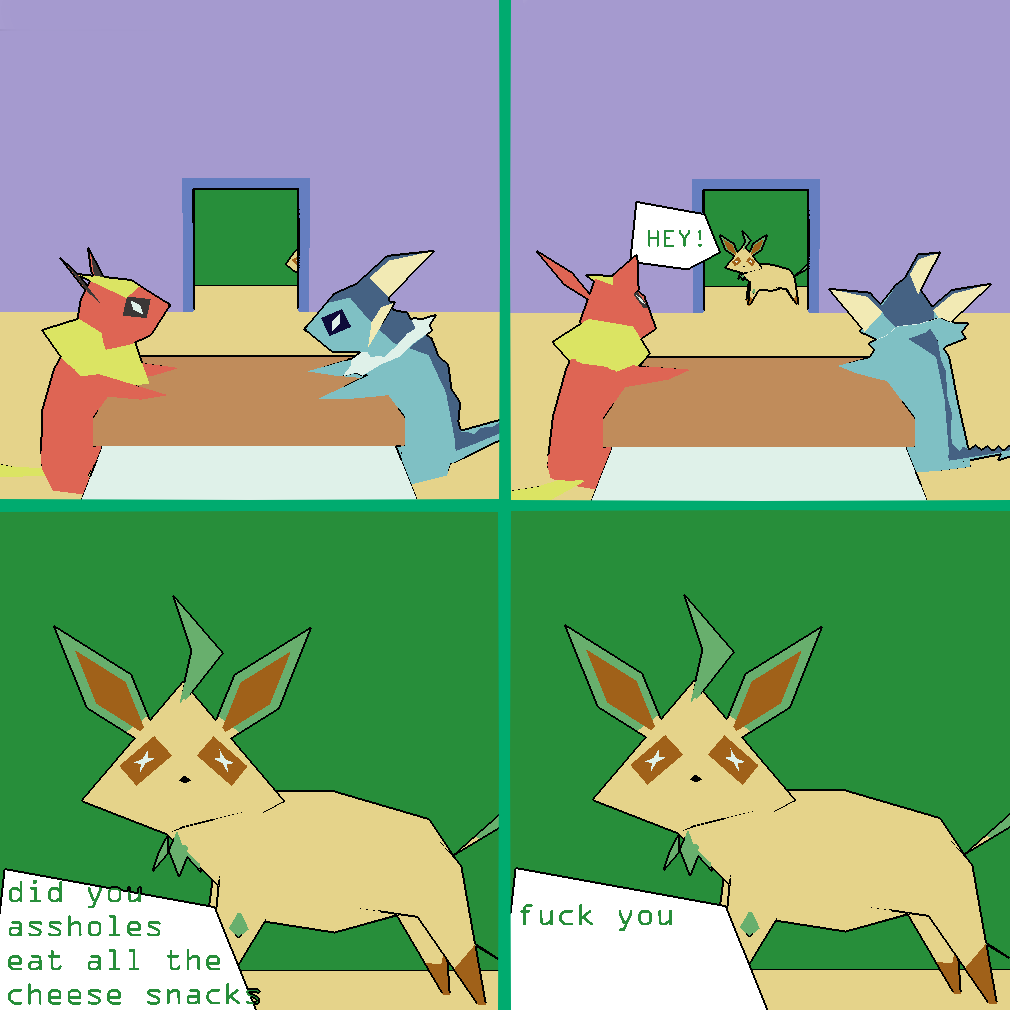 1:1 2023 3d_(artwork) ambiguous_gender comic cursed_image dialogue digital_media_(artwork) eeveelution english_text feral flareon generation_1_pokemon generation_4_pokemon group karma_(kuroodod) leafeon low_poly mega_kot meme nintendo parody pokemon pokemon_(species) pride_(kuroodod) profanity quadruped text trio vaporeon wrath_(kuroodod)