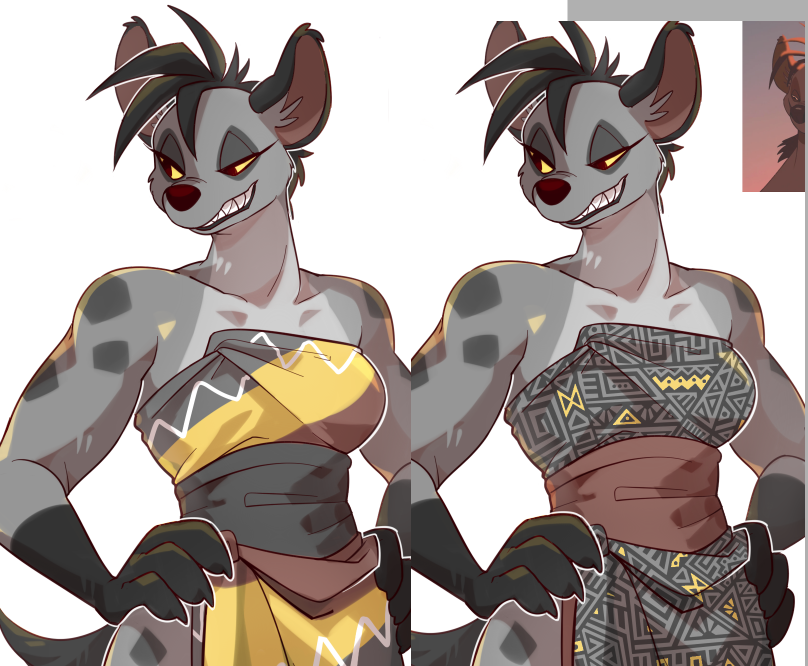 2022 anthro anthrofied bakuatsukiyu black_hair clothed clothing disney duo female female_focus fur grey_body grey_fur grin hair hands_on_hips herpestid hyena inner_ear_fluff male mammal meerkat mohawk muscular muscular_female nervous redraw reference_image shenzi smile solo_focus spotted_hyena the_lion_king timon tuft