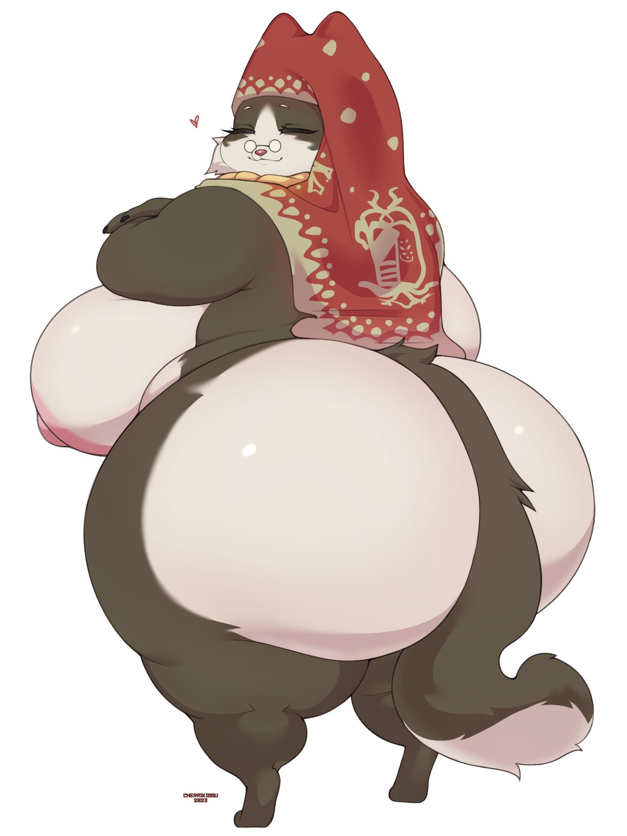 &lt;3 2023 3:4 anthro areola artist_name big_areola big_breasts big_butt breasts brown_body brown_fur butt capcom cherrikissu clothed clothing eyes_closed eyewear felid felyne female fur glasses grammeowster_chef headgear headwear hi_res huge_breasts huge_butt hyper hyper_butt lynian mammal mature_anthro mature_female monster_hunter mostly_nude multicolored_body multicolored_fur nipples old palico simple_background solo standing thick_thighs two_tone_body two_tone_fur white_background white_body white_fur