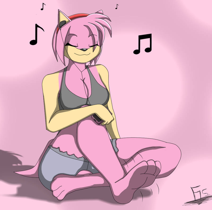 2019 3_toes 4_fingers accessory amy_rose anthro barefoot black_nose bottomwear clothing earbuds eulipotyphlan eyes_closed feet female fingers foot_tapping full-length_portrait fur grey_bottomwear grey_clothing grey_crop_top grey_shorts hair_accessory hairband headphones hedgehog listening_to_music mammal misterfis musical_note pink_body pink_feet pink_fur portrait sega shorts signature smile soles solo sonic_the_hedgehog_(series) tan_body tan_fur toes walkman