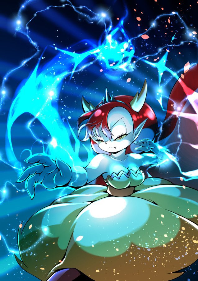 black_tiara blue_energy breasts clothing cocco disney dress fangs female fighting_pose frown hair hekapoo horn horned_humanoid humanoid humanoid_pointy_ears long_hair magic magic_user pale_skin pose red_eyes red_hair solo star_vs._the_forces_of_evil teeth yellow_clothing yellow_dress yellow_sclera