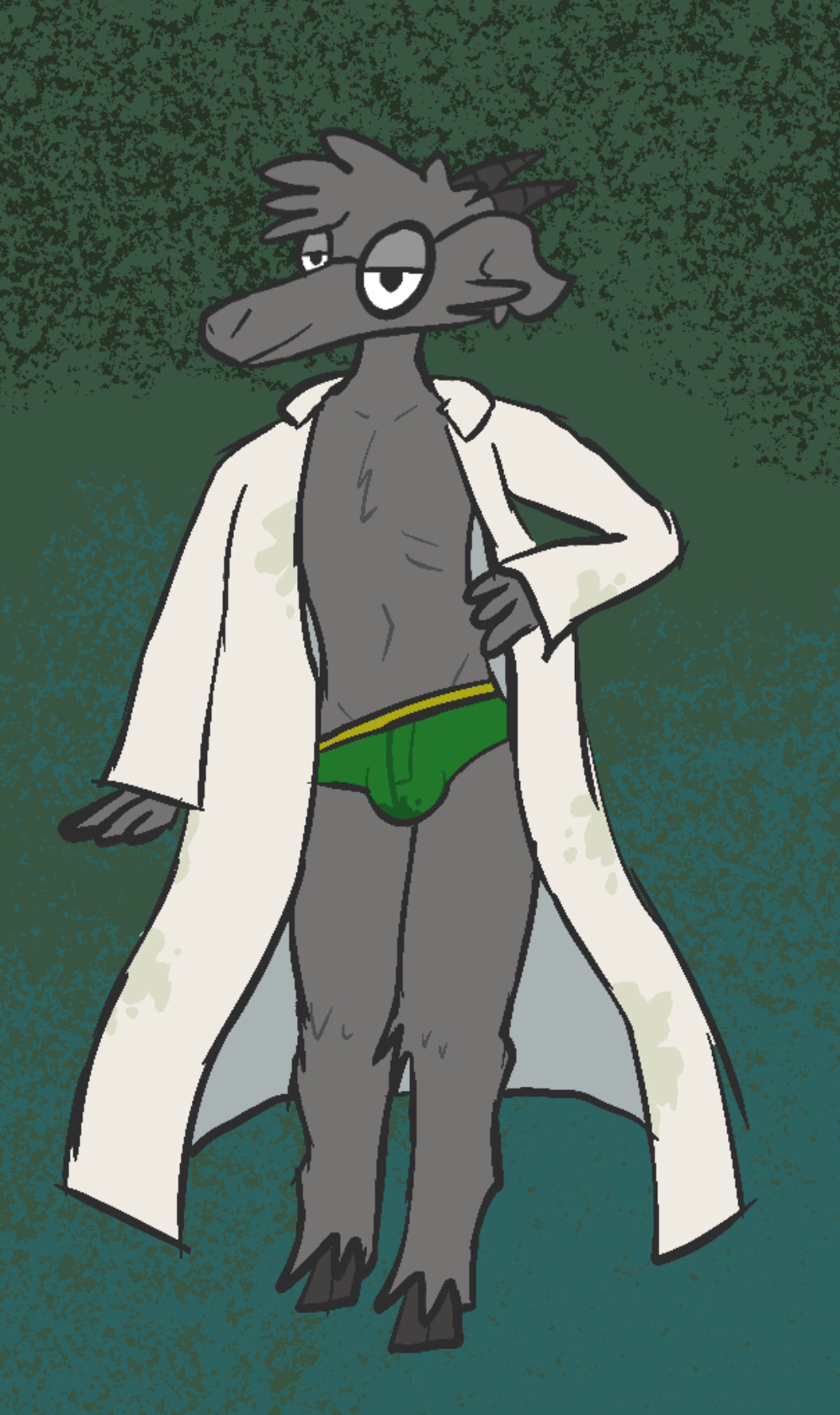 bovid briefs caprine clothing coat eyewear glasses goat green_briefs green_clothing green_underwear hi_res horn lab_coat leif_(skarru) male mammal pinup pose skarru slim solo stained_clothing topwear underwear