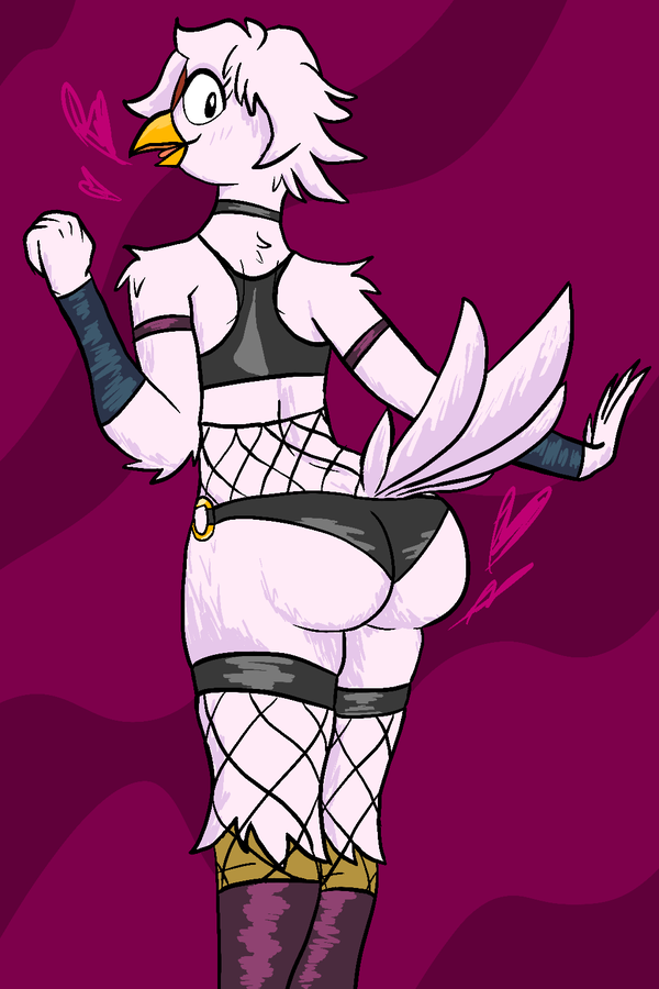 &lt;3 2:3 anthro avian bird butt chicken female fishnet galliform gallus_(genus) humanoid peffe_(skarru) phasianid pinup pose skarru slim solo