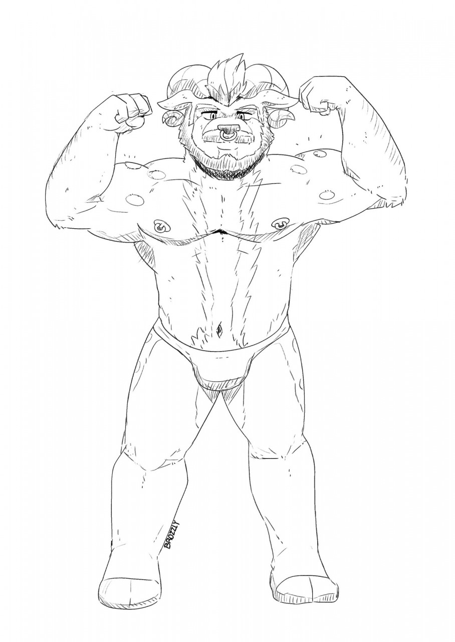 anthro beach body_hair bovid brozzly_(artist) caprine chest_hair clothing facial_piercing flexing hi_res horn male mammal monochrome muscular muscular_anthro muscular_male nipple_piercing nipples nose_piercing piercing seaside shaod_(character) solo thong underwear