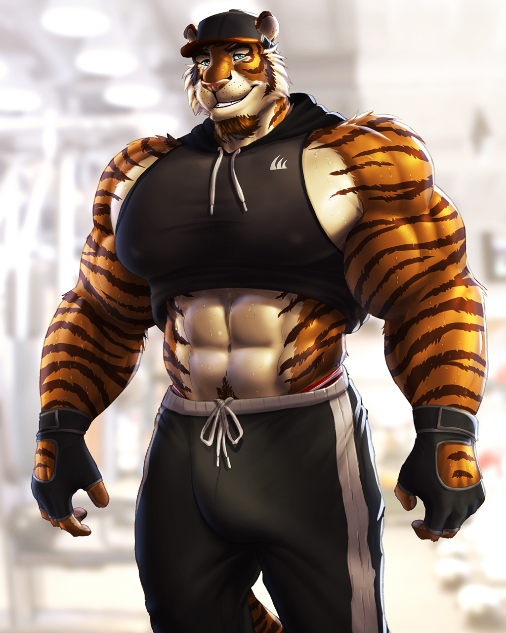 2023 4:5 abs anthro beard biceps big_muscles big_pecs bodily_fluids body_hair bottomwear brown_body brown_fur brown_stripes bulge clothed clothing crop_top digital_media_(artwork) dream_and_nightmare eyebrows facial_hair felid fingerless_gloves fully_clothed fur gloves handwear happy_trail hat headgear headwear hi_res male mammal muscular muscular_anthro muscular_male navel night_(dream_and_nightmare) nipple_outline orange_body orange_fur pantherine pants pecs portrait shirt smile solo striped_body striped_fur stripes sweat tan_body tan_fur teeth three-quarter_portrait tiger topwear