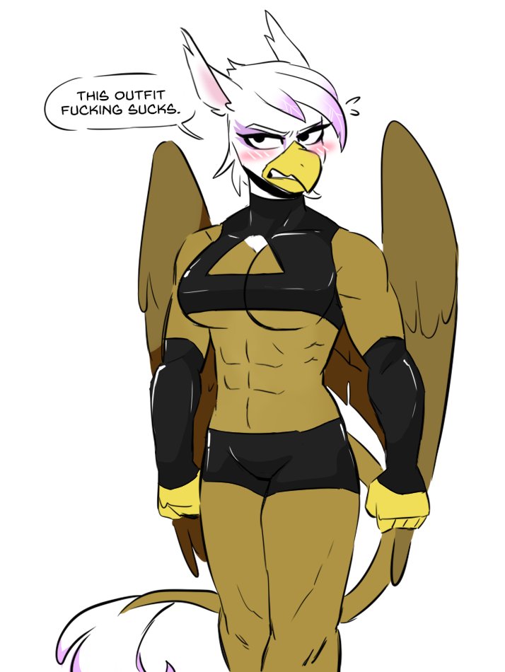 abs anthro anthrofied armwear avian blush breasts cleavage clothed clothing dialogue elbow_gloves english_text female friendship_is_magic gilda_(mlp) gloves gryphon handwear hasbro muscular muscular_anthro muscular_female my_little_pony mythological_avian mythology redxbacon simple_background solo text tight_clothing under_boob white_background wins