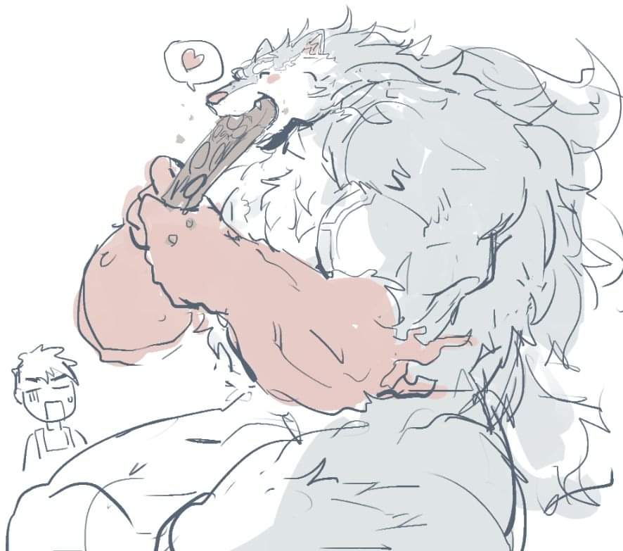 &lt;3 biceps campfire_cooking_in_another_world_with_my_absurd_skill canid canine canis duo eating fangs fel_(fenrir) food fur grey_body grey_fur human male mammal meat mukoda_tsuyoshi muscular muscular_male red_hands rybiok simple_background teeth vein white_body white_fur wolf