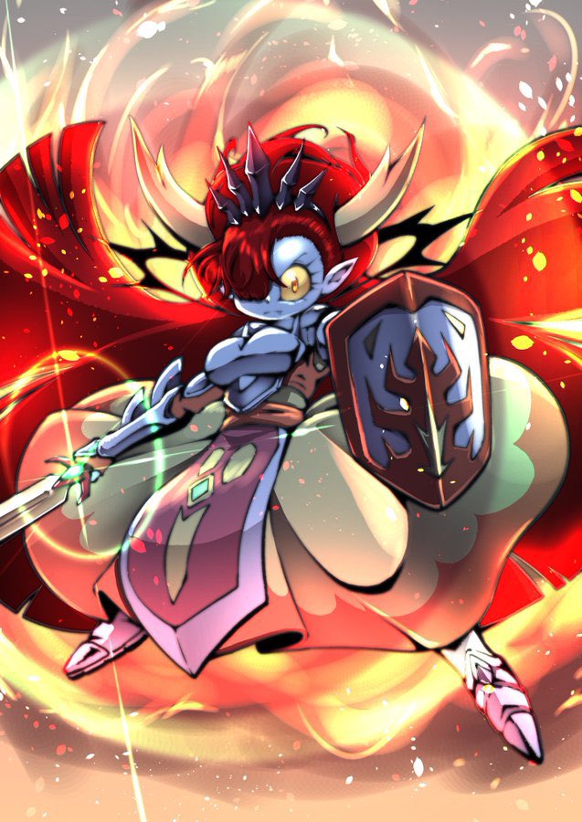 armor black_tiara boob_armor breastplate clothing cocco crown disney female fire_background hair headgear hekapoo horn horned_humanoid humanoid imminent_attack looking_at_viewer melee_weapon one_eye_visible pale_skin red_eyes red_hair shield solo star_vs._the_forces_of_evil sword tiara weapon yellow_sclera
