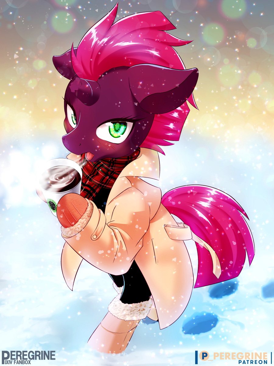 2023 3:4 beverage biped blush boots breath broken_horn candy chocolate clothing coat dessert digital_media_(artwork) equid equine eyelashes female food footwear friendship_is_magic green_eyes hair hasbro hi_res horn hot_chocolate mammal my_little_pony my_little_pony:_the_movie_(2017) open_mouth patreon peregrine pink_hair pink_tail purple_body scarf semi-anthro signature snow snowing tail tempest_shadow_(mlp) topwear unicorn walking winter