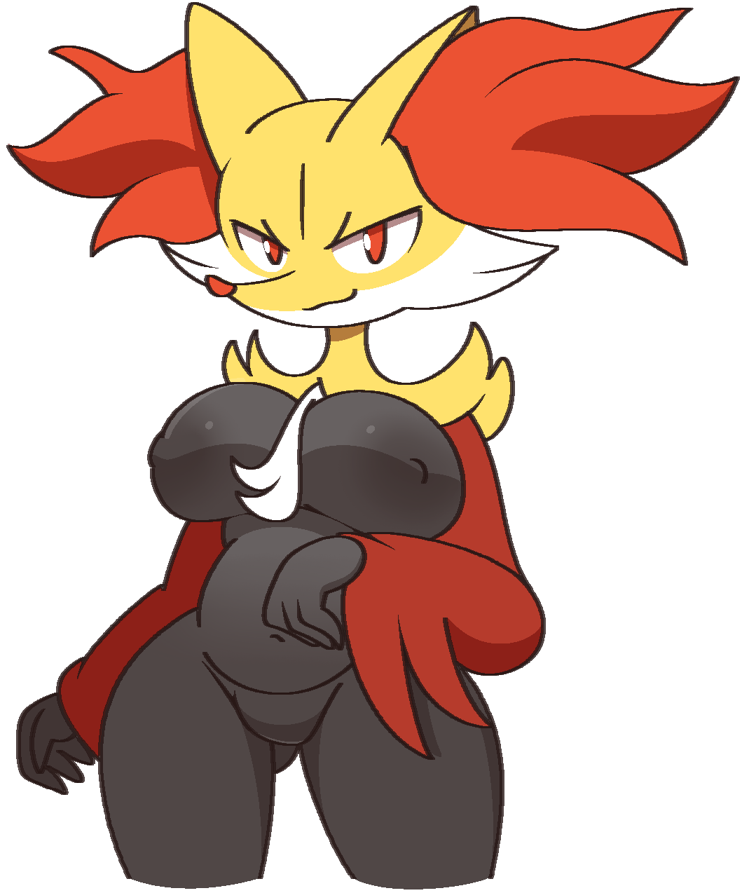 anthro areola big_breasts black_areola black_nipples breasts delphox featureless_crotch female generation_6_pokemon hi_res inner_ear_fluff multicolored_body nintendo nipples nude open_mouth pokemon pokemon_(species) red_eyes smile solo thick_thighs tuft vilepluff wide_hips