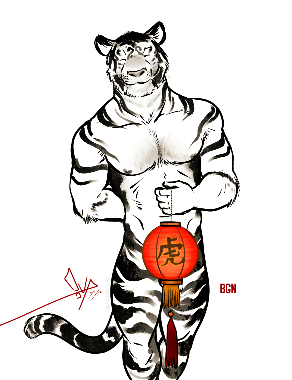 2022 5_fingers anthro balls barely_visible_balls barely_visible_genitalia bgn eyes_closed felid fingers fur genitals hi_res lamp lantern male mammal nipples nude pantherine paper_lantern pecs simple_background smile solo standing stripes tiger whiskers white_background