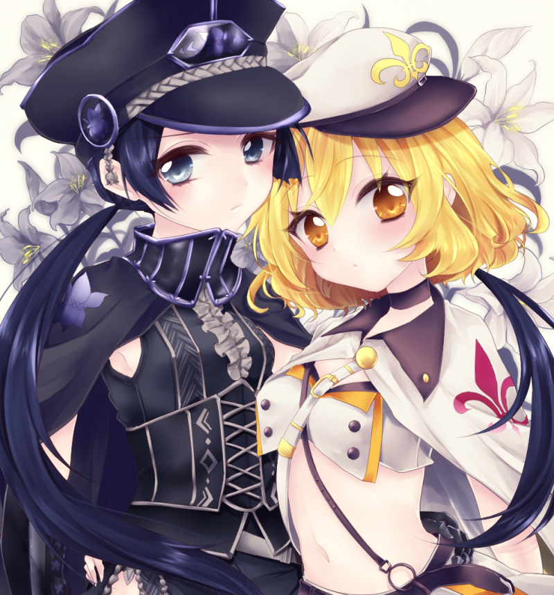 2girls arm_around_waist black_choker black_hair blonde_hair blush brown_eyes capelet choker cloak fleur_de_lis flower flower_knight_girl hat kuroyuri_(flower_knight_girl) long_hair looking_at_viewer low_twintails military_hat multiple_girls nako_(7cona5) navel short_hair solo twintails white_background white_flower yuri_(flower_knight_girl)