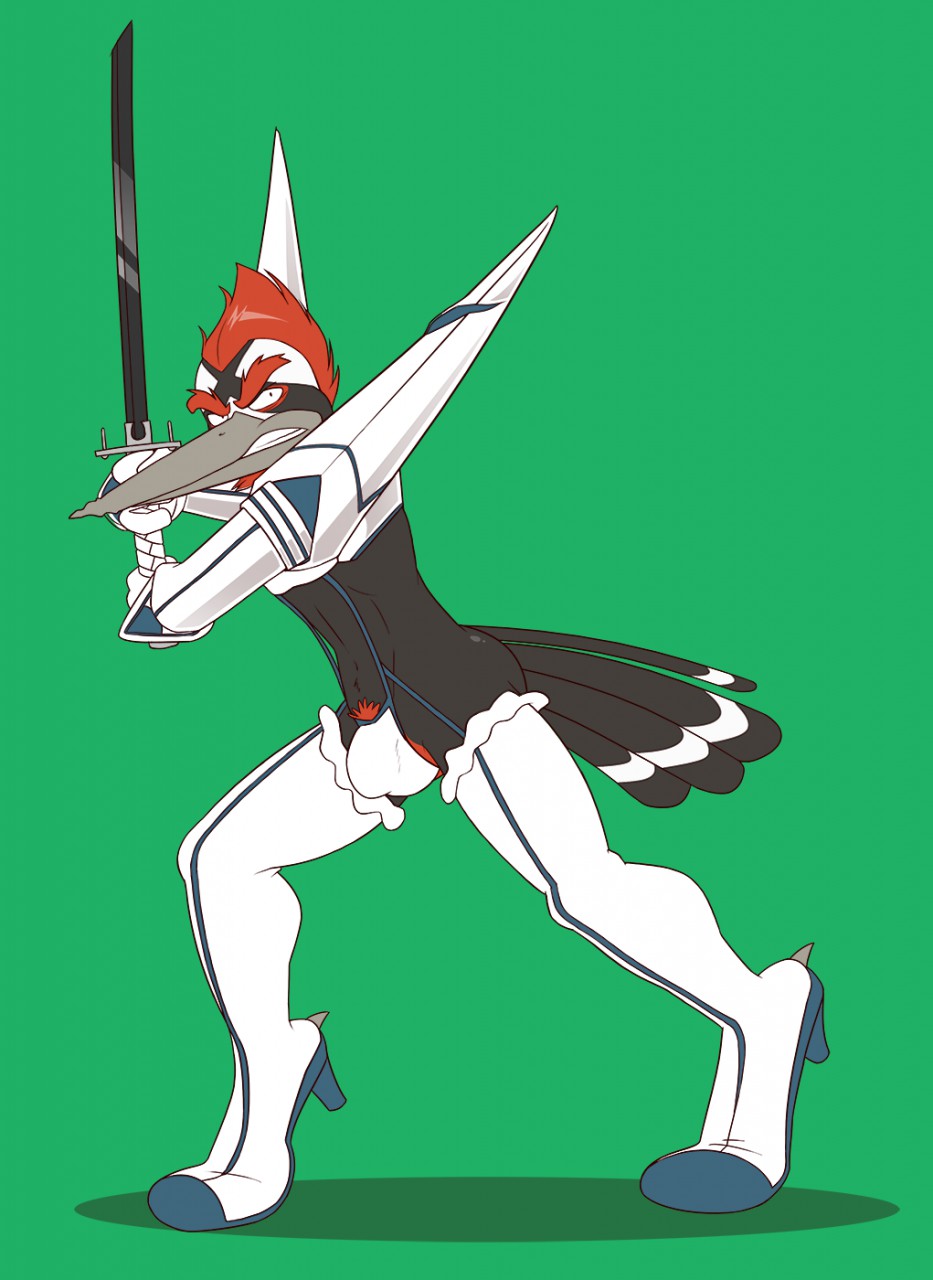 2015 angry anthro anti_dev armor attack_pose avian beak beard bird black_body black_feathers black_sword boots bulge clothing crew_(anti_dev) detailed_bulge facial_hair feathers footwear frilly frilly_clothing green_background grey_beak hi_res high_heeled_boots high_heels holding_object holding_sword holding_weapon junketsu kill_la_kill legwear male melee_weapon midriff picid pileated_woodpecker pubes red_beard red_feather_hair red_pubes shoes side_butt simple_background solo spiked_clothing spiked_footwear spiked_shoes spikes studio_trigger sword tail_feathers thigh_boots thigh_highs thong tippy_toes underwear weapon white_armor white_boots white_clothing white_footwear white_thong white_underwear woodpecker