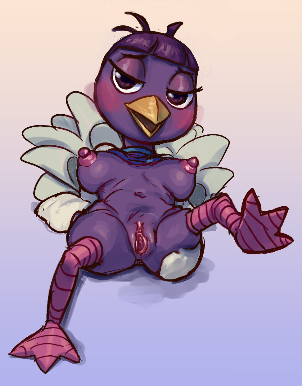 2019 3_toes animal_crossing anthro anus avian avian_feet bangs beak bedroom_eyes big_breasts big_nipples bird blush breasts breasts_apart clitoris clothed clothing colored_sketch erect_nipples eyelashes feathers featureless_hands feet female front_view genitals gradient_background hair hi_res holding_butt looking_at_viewer lying mostly_nude narrowed_eyes navel nintendo nipples on_back open_beak open_mouth ostrich pears_(artist) pink_nipples presenting presenting_pussy purple_eyes purple_hair pussy queenie_(animal_crossing) raised_clothing raised_leg raised_shirt raised_topwear ratite seductive shirt short_hair simple_background sketch solo tail_feathers toes topwear