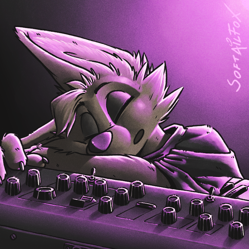 1:1 big_ears black_body black_clothing black_fur black_shirt black_topwear button_nose cheek_tuft clothing eyes_closed eyeshadow facial_tuft fluffy fluffy_ears fluffy_hair fur hair head_hair keyboard_instrument knobs makeup musical_instrument musician napping open_mouth pianist piano purple_background purple_glow purple_light shirt simple_background sleeping softailfox topwear tuft