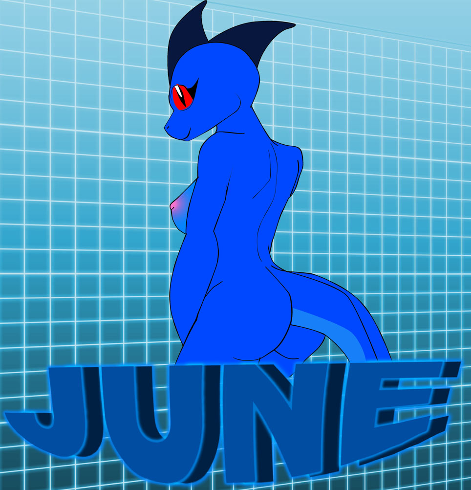 2010 anthro areola black_scutes blue_background blue_body blue_scales blue_skin breasts butt character_name english_text female geometric_background gradient_background grid_background hand_between_legs herm_(lore) intersex_(lore) june_(justathereptile) justathereptile komodo_dragon lizard looking_at_viewer monitor_lizard nipples non-mammal_breasts nude pattern_background pink_areola pink_nipples rear_view red_eyes reptile scales scalie scutes simple_background smile solo tail text turned_away