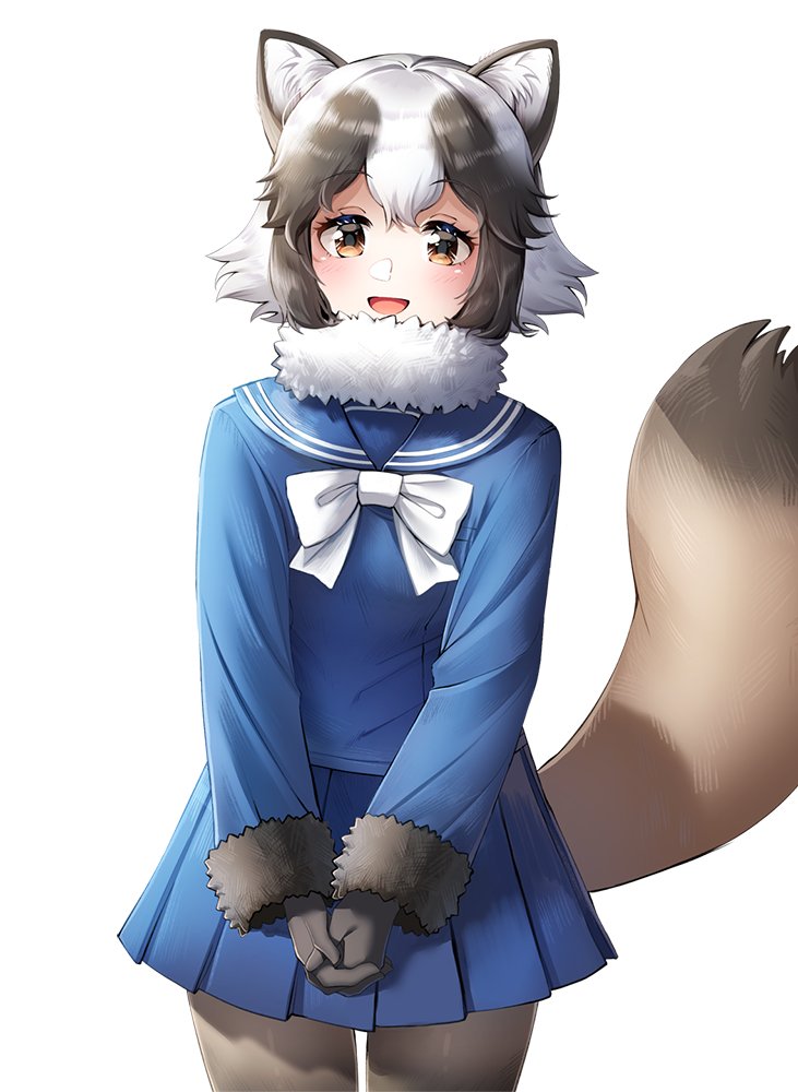 1girl animal_ears black_gloves blue_shirt blue_skirt blush bow bowtie brown_eyes brown_fur brown_hair brown_pantyhose commentary cowboy_shot fur_collar fur_trim gloves kemono_friends long_sleeves looking_at_viewer menna_(0012) multicolored_hair open_mouth own_hands_together pantyhose pleated_skirt raccoon_ears raccoon_girl raccoon_tail sailor_collar school_uniform serafuku shirt short_hair skirt smile solo tail tanuki_(kemono_friends) two-tone_hair white_bow white_bowtie white_fur white_hair