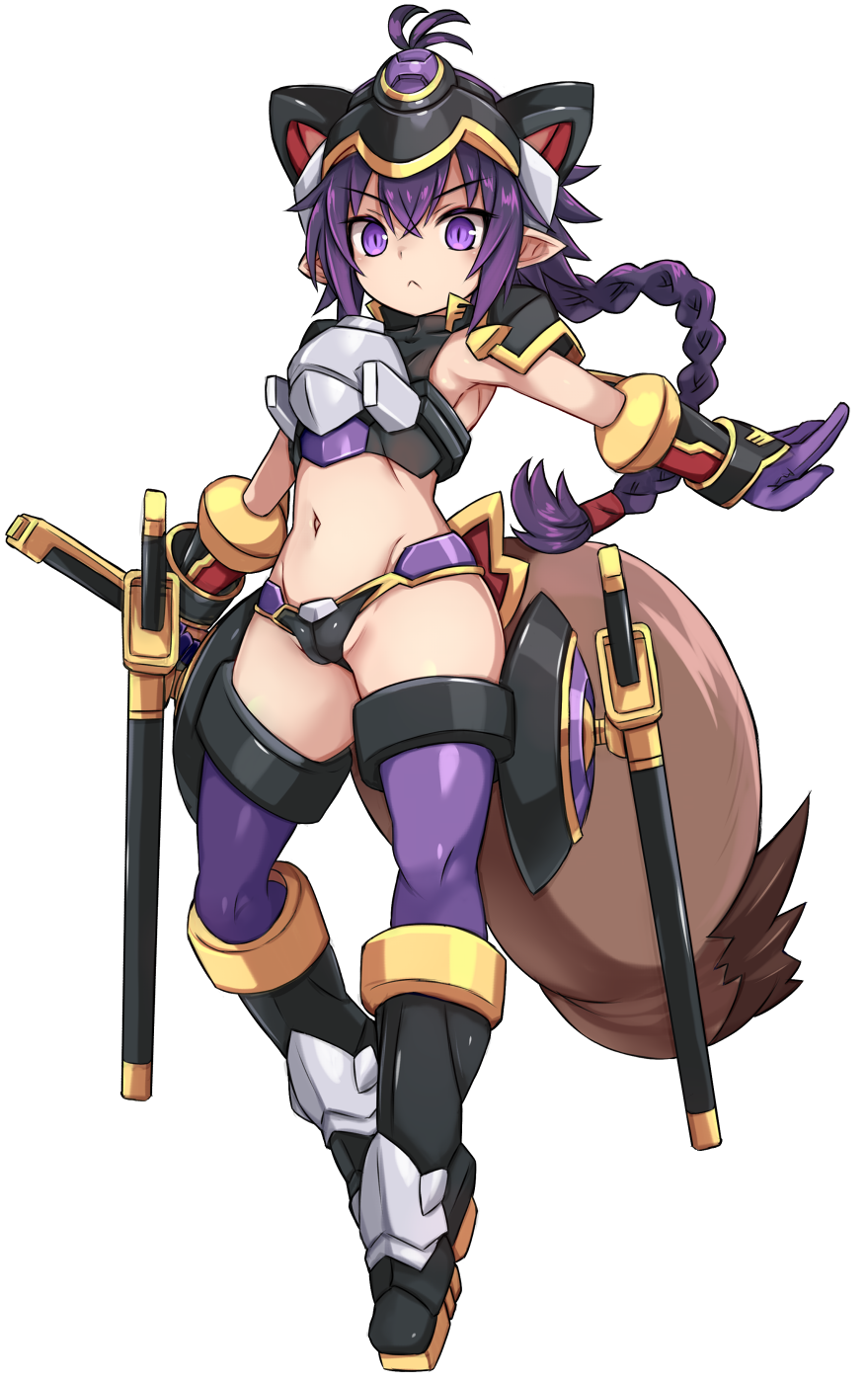 1girl animal_ears armpits bangs black_footwear boots braid closed_mouth commentary_request crop_top fake_animal_ears gloves groin hair_between_eyes highres holding holding_sword holding_weapon karukan_(monjya) katana knee_boots long_hair looking_at_viewer matsuhime_mujina navel outstretched_arm purple_gloves purple_thighhighs revision sheath sheathed shinrabanshou single_braid sleeveless solo sword tail thighhighs thighhighs_under_boots v-shaped_eyebrows very_long_hair weapon