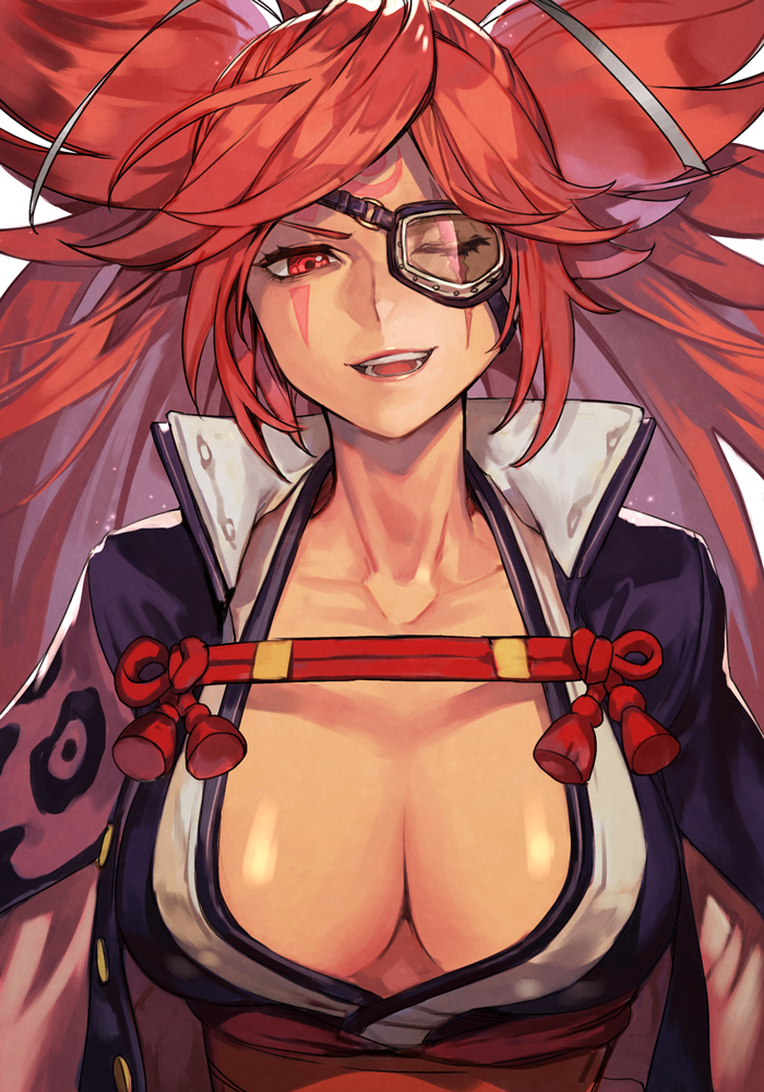 1girl baiken big_hair black_kimono breasts cleavage eyepatch facial_tattoo goggles guilty_gear guilty_gear_strive hungry_clicker japanese_clothes kimono large_breasts looking_at_viewer multicolored_clothes multicolored_kimono one-eyed open_clothes open_kimono ponytail red_eyes red_hair samurai scar scar_across_eye scar_on_face smile solo tattoo upper_body white_background