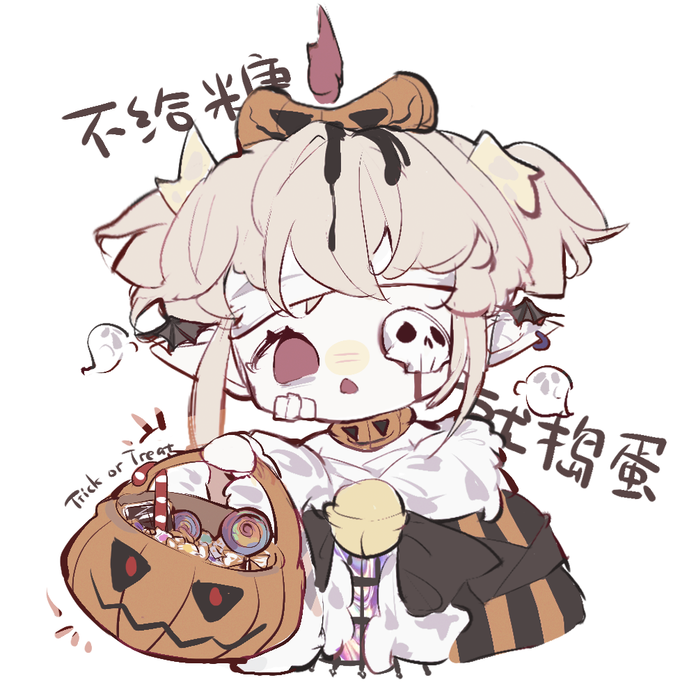1girl bandaged_head bandages bangs bell blonde_hair bucket candy chibi chinese_text commentary english_commentary food food-themed_hair_ornament ghost hair_ornament halloween halloween_bucket holding holding_bucket mengtunshaojing neck_bell one_eye_covered open_mouth original pointy_ears pumpkin_hair_ornament red_eyes simple_background solo translation_request transparent_background triangle_mouth two_side_up