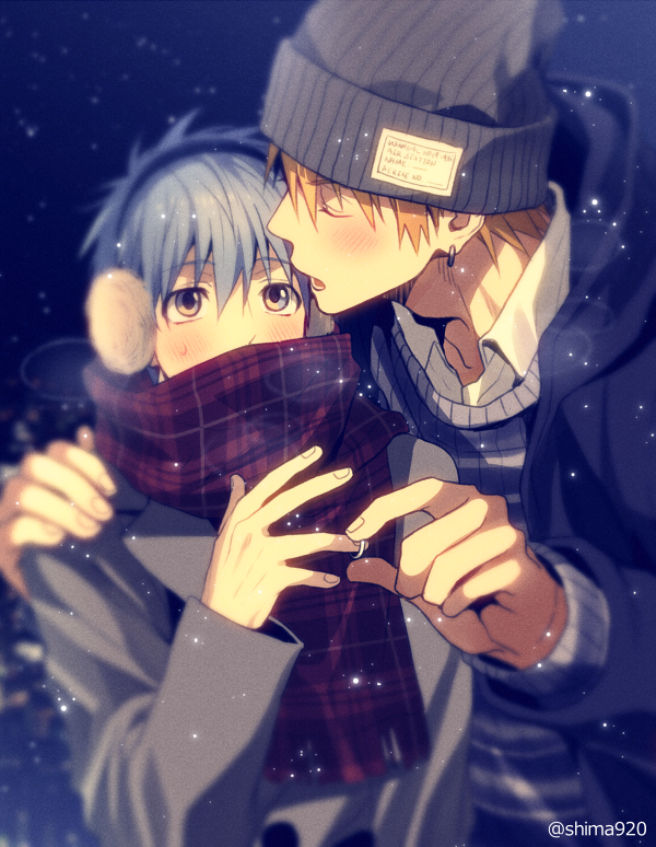 2boys bangs black_jacket blonde_hair blue_hair blush bonnet closed_eyes coat collared_shirt commentary_request earmuffs earrings fingernails hand_on_another's_shoulder holding holding_jewelry holding_ring hood hood_down hooded_jacket jacket jewelry kise_ryouta kuroko_no_basuke kuroko_tetsuya lapels layered_clothes lower_teeth_only male_focus mashima_shima multiple_boys notched_lapels open_mouth plaid plaid_scarf ring scarf shirt short_hair single_earring snow teeth twitter_username yaoi