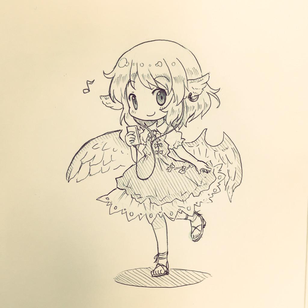 1girl animal_ears arinu bird_ears bird_wings blush check_commentary chibi closed_mouth commentary_request digital_media_player dress earrings eighth_note feathered_wings frilled_sleeves frills full_body holding holding_digital_media_player jewelry monochrome musical_note mystia_lorelei puffy_short_sleeves puffy_sleeves sandals short_hair short_sleeves single_earring smile solo touhou traditional_media wings