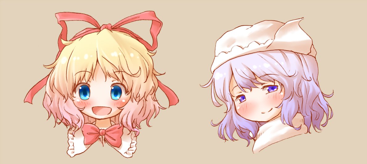 2girls arinu bangs blonde_hair blue_eyes blush bow brown_background closed_mouth commentary_request hair_between_eyes hair_ribbon hat letty_whiterock light_purple_hair medicine_melancholy multiple_girls open_mouth portrait red_bow red_ribbon ribbon short_hair simple_background smile touhou white_headwear