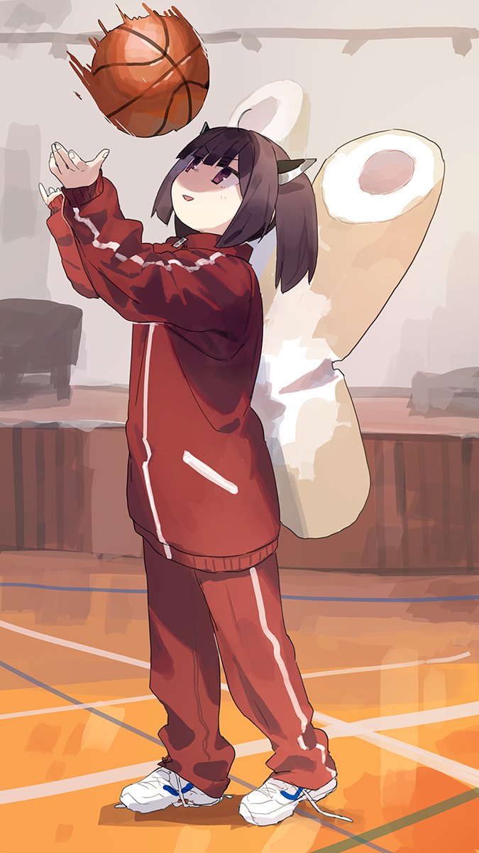1girl ahoge baggy_pants bangs basketball blade blunt_bangs brown_hair failure full_body gym gym_uniform hands_up headgear high_collar highres hitogome imminent_death kiritanpo_(food) long_sleeves looking_up motion_lines open_mouth oversized_clothes oversized_food pants red_eyes red_track_suit shadow shoes short_hair short_twintails smile sneakers solo standing touhoku_kiritan twintails untied_footwear v-shaped_eyebrows voiceroid wooden_floor zipper_pull_tab