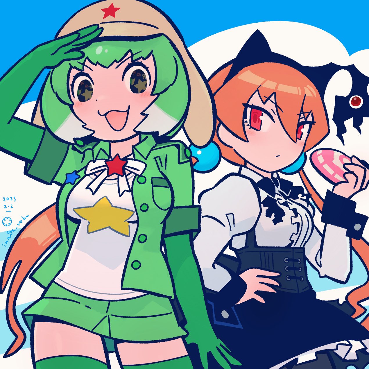 2girls alisa_southerncross animal_ears black_eyes bow bowtie closed_mouth dress elbow_gloves extra_ears food gloves green_hair hair_ornament hat highres inada_roku jacket japari_bun kemono_friends kemono_friends_3 keroro_(kemono_friends) keroro_gunsou kneehighs long_hair looking_at_viewer multicolored_hair multiple_girls open_mouth orange_hair pantyhose red_eyes shirt short_hair simple_background skirt socks star_(symbol) suspenders twintails two-tone_hair white_hair