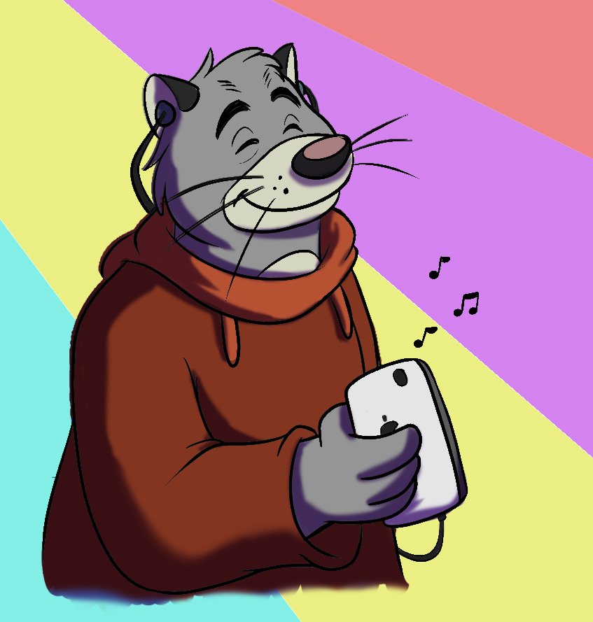 anthro biped brok_the_investigator cellphone clothing cowcatgames domestic_cat eyes_closed felid feline felis graff_filsh grey_body headphones hoodie humanoid_hands listening_to_music mammal musical_note official_art phone smartphone solo topwear