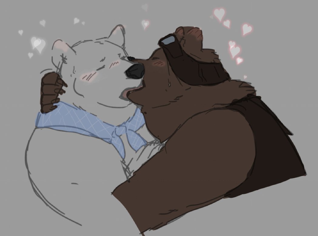 &lt;3 2023 anthro bear black_nose blush brown_body duo embrace eyes_closed grizzly_(shirokuma_cafe) hug kissing mammal metasighty polar_bear shirokuma shirokuma_cafe simple_background ursine white_body