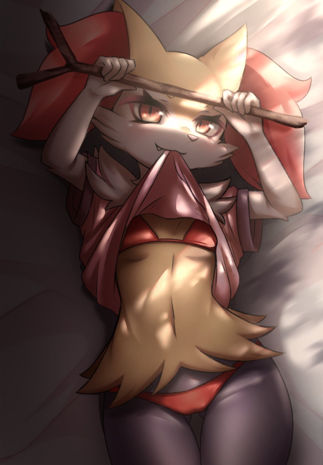 anthro bed bikini braixen breasts clothing female feral fur furniture generation_6_pokemon hi_res holding_object holding_stick inner_ear_fluff lifted_by_self looking_at_viewer lying navel nintendo on_back on_bed pink_clothing pink_nose pink_shirt pink_topwear pokemon pokemon_(species) red_bikini red_clothing red_ear_fluff red_eyes red_swimwear self_exposure shirt sk3tchk4t small_breasts snaggletooth_(disambiguation) solo stick swimwear thick_thighs topwear tuft white_body white_fur yellow_body yellow_fur