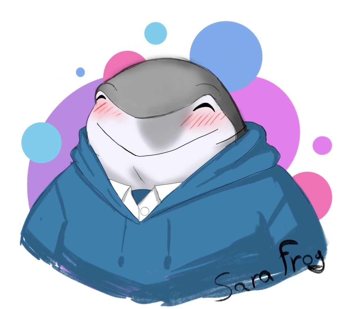 2022 anthro bust_portrait clothing dc_comics digital_media_(artwork) eyes_closed fish grey_body grey_skin happy king_shark male marine multicolored_body multicolored_skin portrait sara-frog shark simple_background smile solo sweater topwear two_tone_body two_tone_skin