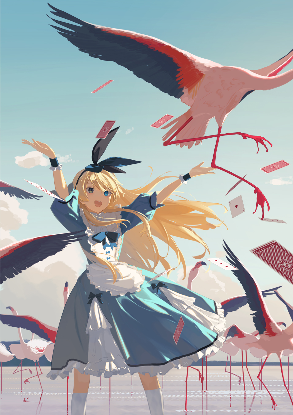 1girl alice_(alice_in_wonderland) alice_in_wonderland arms_up bangs bird black_hairband blonde_hair blue_dress blue_eyes blue_hairband blue_ribbon blue_sky card cloud commentary dress english_commentary feet_out_of_frame flamingo frilled_dress frills hair_between_eyes hairband heterochromia highres kneehighs looking_at_animal mountain open_mouth outdoors pinafore_dress playing_card puffy_short_sleeves puffy_sleeves ribbon short_sleeves sky smile socks solo standing teeth upper_teeth_only wakuseiy white_socks wrist_cuffs yellow_eyes