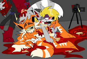 anthro arctic_fox blood bodily_fluids canid canine caracal caracal_(genus) cum delinquentfreak domestic_cat felid feline felis female fox genital_fluids gore group group_sex knot low_res male mammal microsoft_paint sex threesome trio